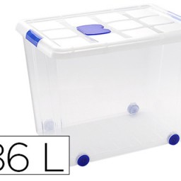 Contenedor plástico transparente con tapa y ruedas 86 l.
